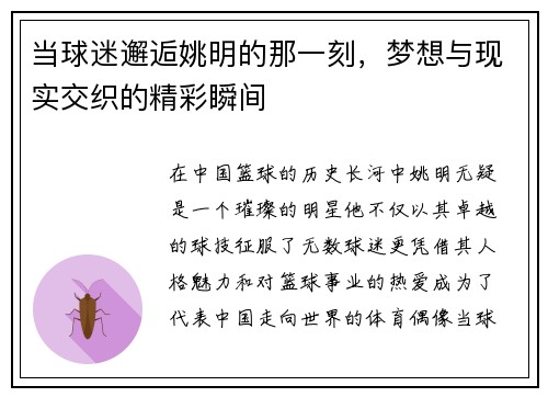 当球迷邂逅姚明的那一刻，梦想与现实交织的精彩瞬间